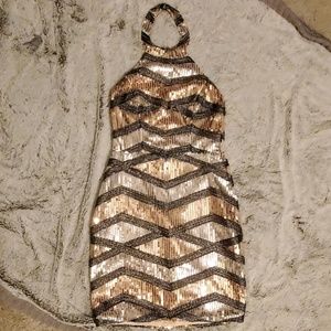 Light pink, silver, and gray sequin halter dress